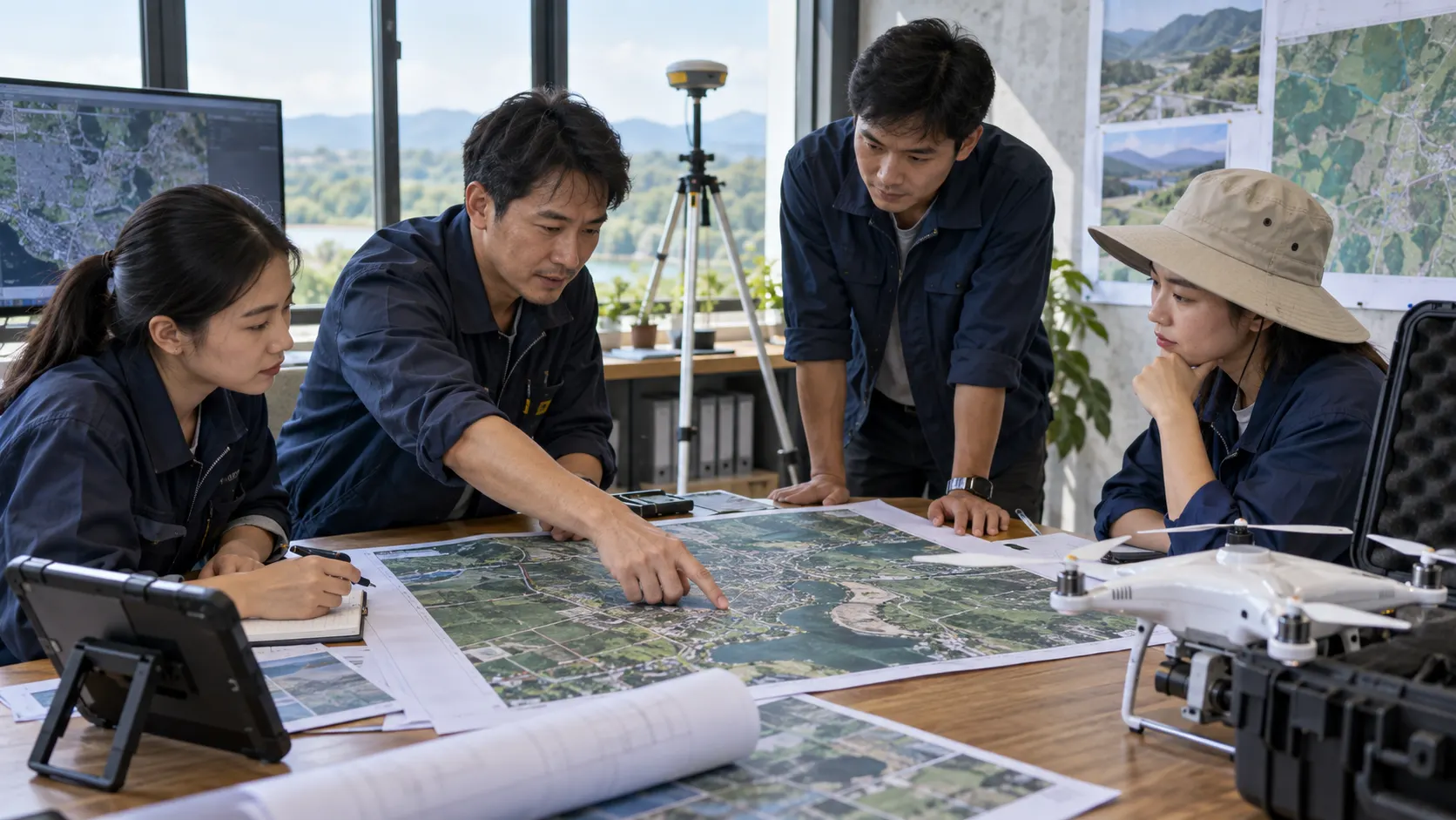 ทีมสำรวจทบทวนขอบเขตงานและแผนที่บนโต๊ะก่อนออกสนาม