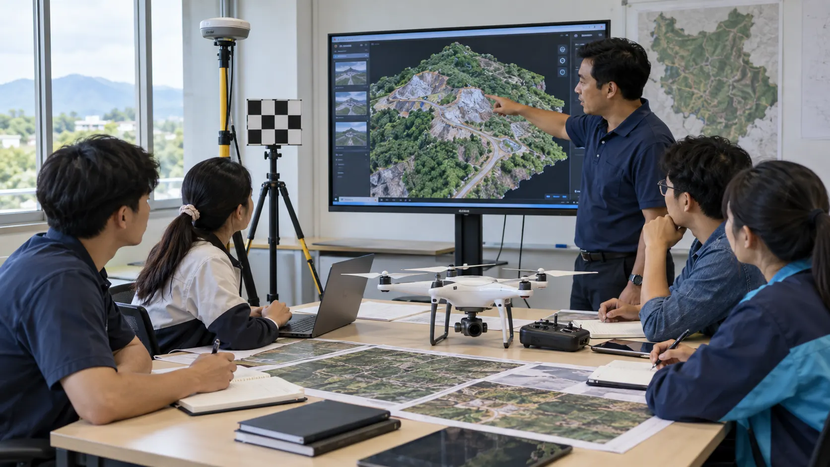ผู้สอนและผู้เรียนทบทวนโครงการแผนที่ในห้องอบรมพร้อมอุปกรณ์สำรวจ