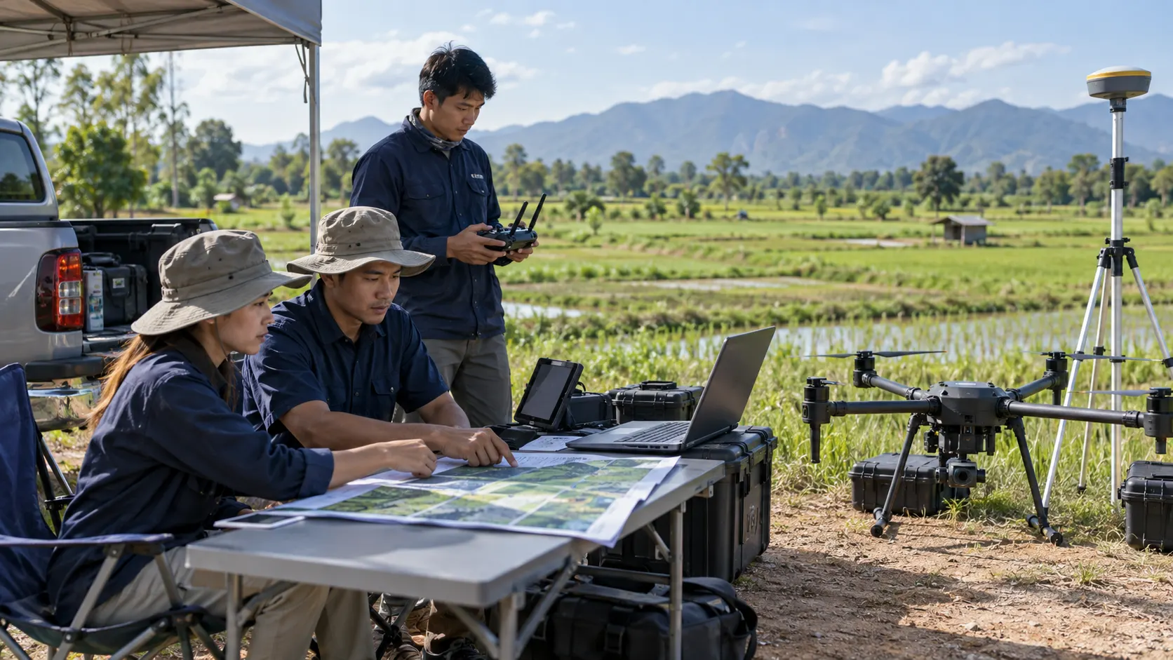 ทีมสำรวจตรวจแผนที่พื้นที่เกษตรข้างโดรนในสถานีภาคสนาม