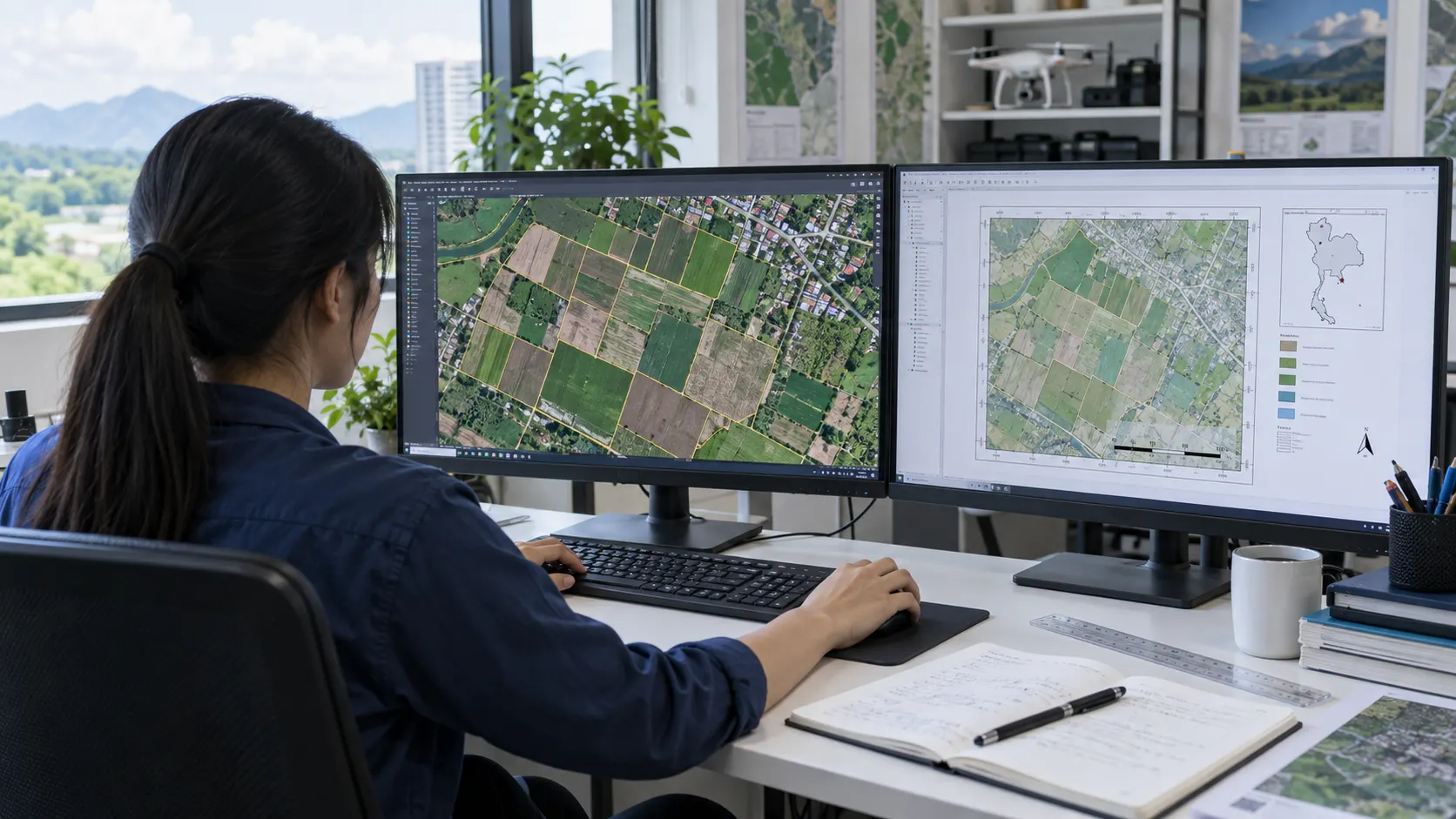 นักวิเคราะห์ GIS จัดแผนที่ส่งมอบข้างแผนที่พิมพ์และไม้บรรทัด