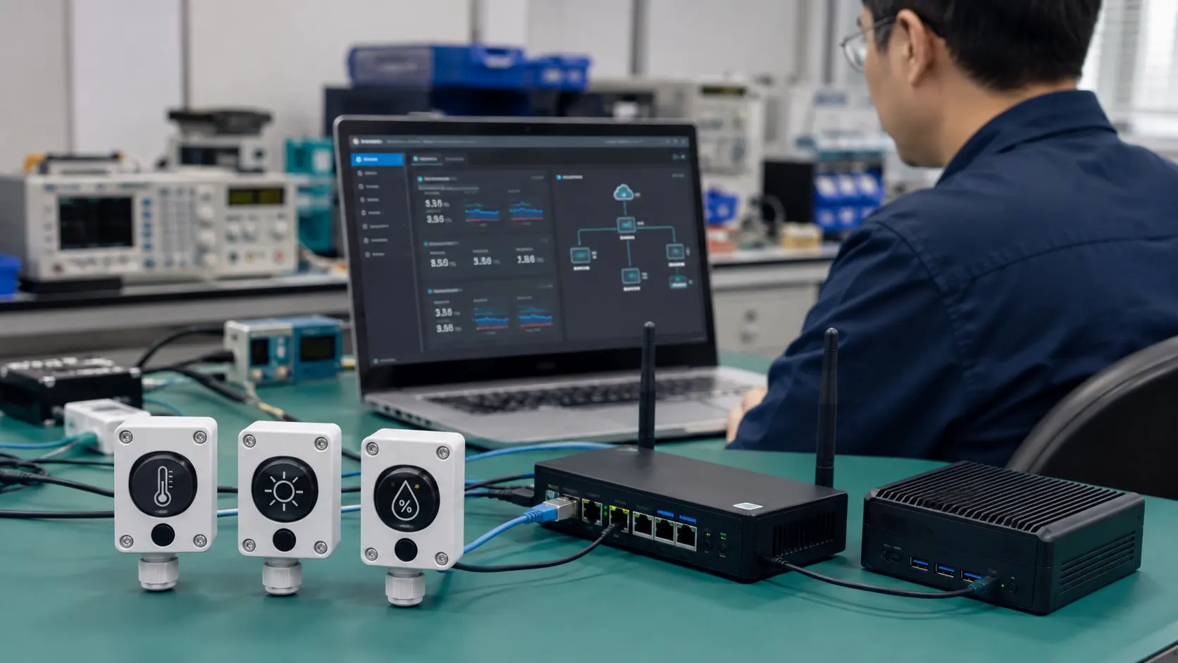 อุปกรณ์ IoT หลายตัวเชื่อมกับคอมพิวเตอร์ประมวลผลในห้องทดลอง