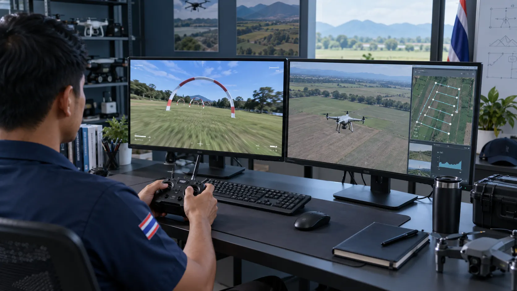 สถานีคอมพิวเตอร์เปรียบเทียบฉากฝึก FPV กับภารกิจสำรวจ