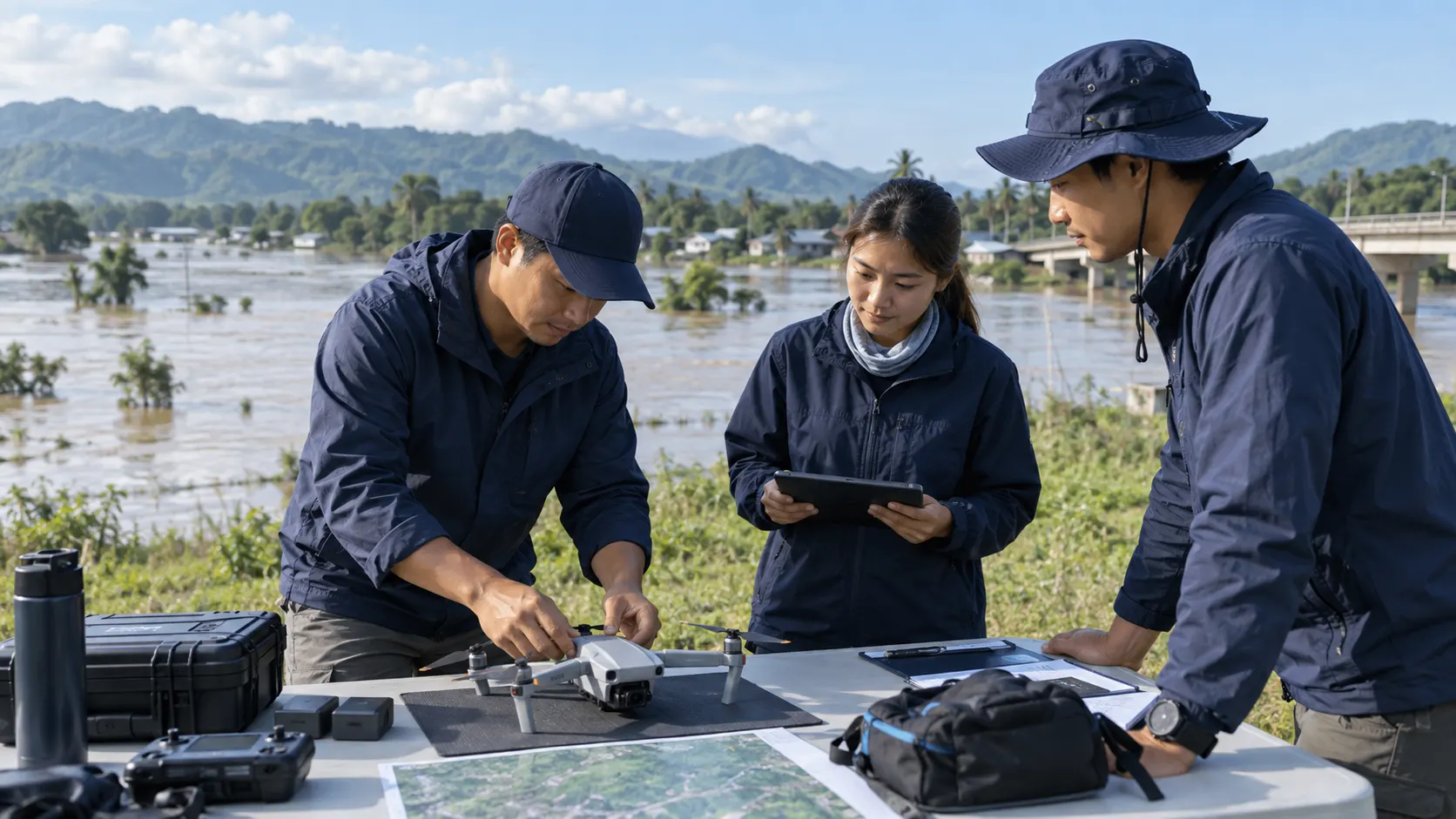 ทีมสำรวจเตรียมโดรนและแผนที่บริเวณพื้นที่น้ำท่วมจำลอง